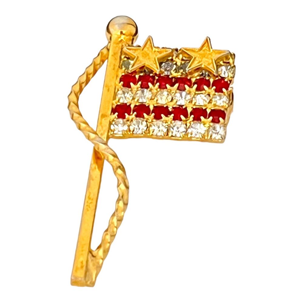 Vintage 1960s Patriotic Rhinestone Flag Brooch Gold Tone Pin - 3R
